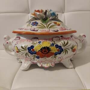 Vintage Bassano 12" Large Hand Painted Italian Floral Top Porcelain Soup Tureen